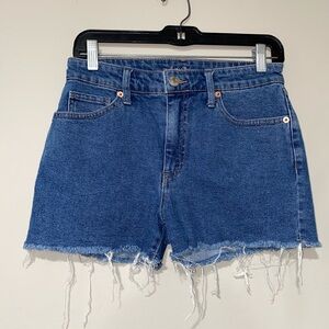 Size 4 Denim Blue Women's Frayed Hem Mom Shorts
